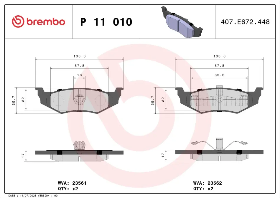 Тормозные колодки brembo P11010