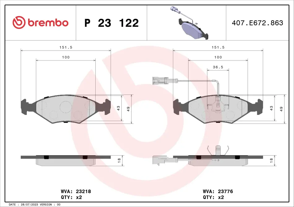 Тормозные колодки brembo P23 122