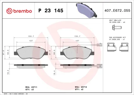 Тормозные колодки brembo P23 145