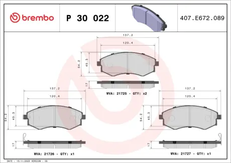 Тормозные колодки brembo P30 022
