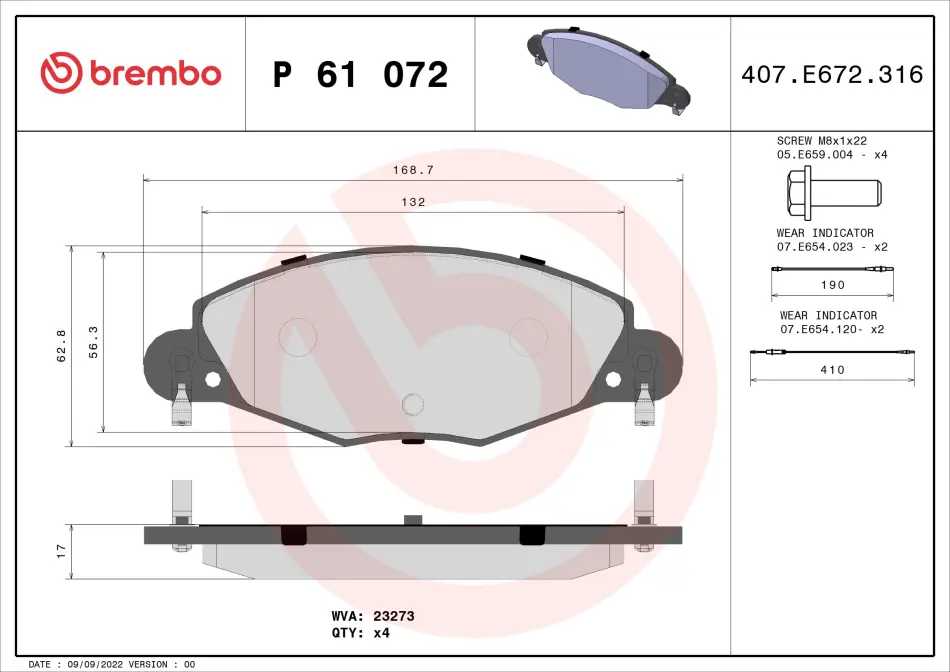 Тормозные колодки brembo P61 072