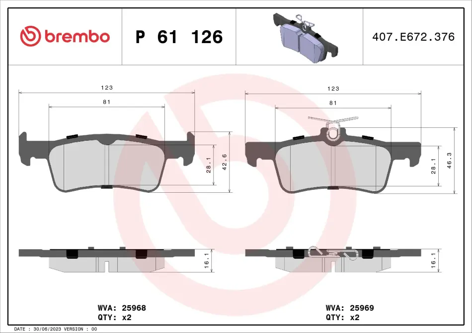 Тормозные колодки brembo P61 126