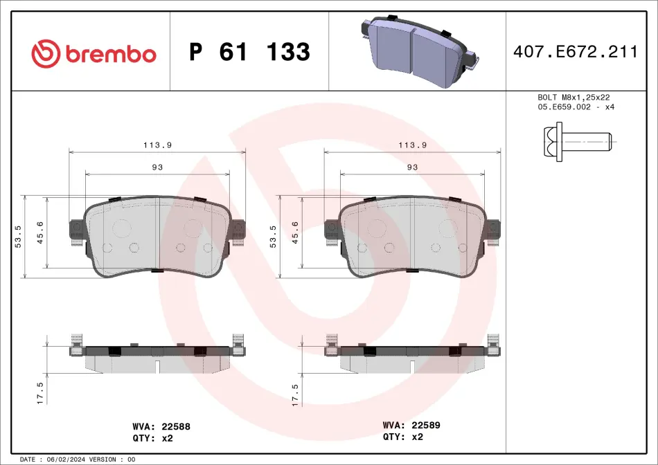 Тормозні (гальмівні) колодки Brembo P61 133 (фото 1)