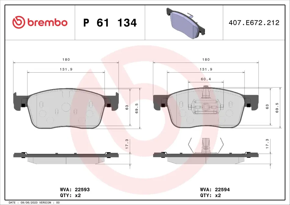 Тормозні (гальмівні) колодки Brembo P61 134 (фото 1)