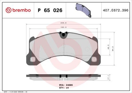 Тормозные колодки brembo P65 026