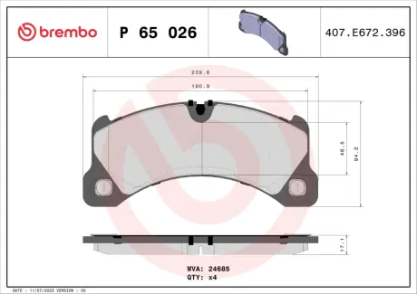 Тормозные колодки brembo P65 026