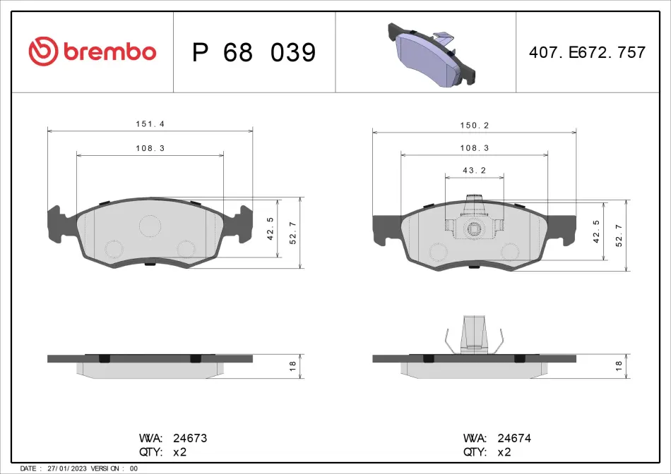 Тормозные колодки brembo P68 039