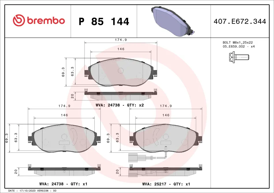 Тормозные колодки brembo P85 144X