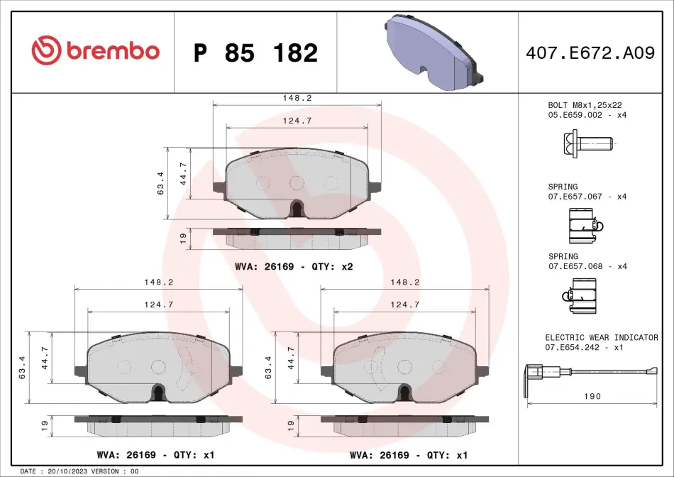 Тормозні (гальмівні) колодки Brembo P85 182 (фото 1)
