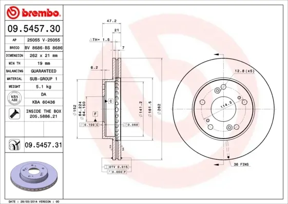 Вентильований гальмівний диск Brembo 09.5457.31 (фото 1)