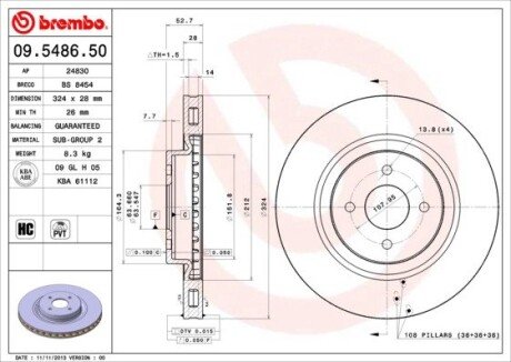 Вентильований гальмівний диск brembo 09.5486.50 на Форд Фокус 1