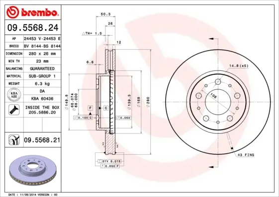 Вентилируемый тормозной диск brembo 09.5568.21