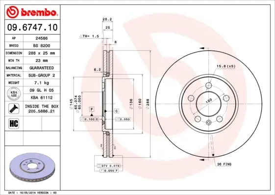 Вентильований гальмівний диск Brembo 09.6747.10 (фото 1)