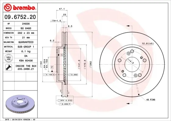 Вентилируемый тормозной диск brembo 09.6752.20