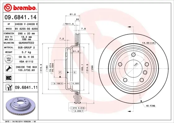 Вентилируемый тормозной диск brembo 09.6841.14