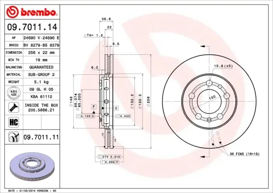 Вентилируемый тормозной диск brembo 09.7011.14