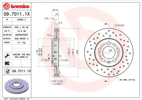 Вентилируемый тормозной диск brembo 09.7011.1X