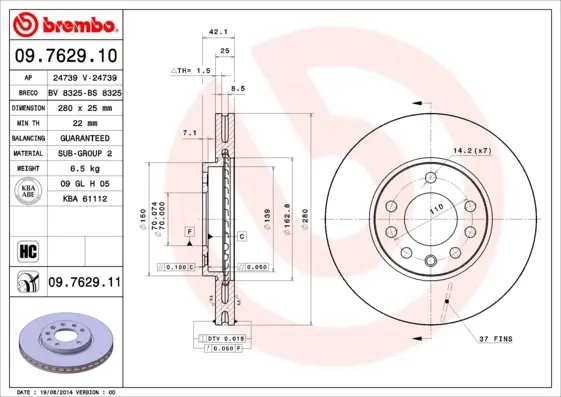 Вентильований гальмівний диск Brembo 09762910 (фото 1)