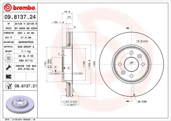 Вентильований гальмівний диск Brembo 09813724 (фото 1)