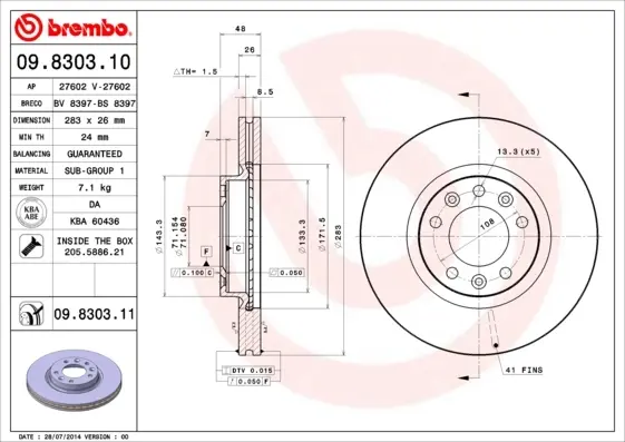 Вентильований гальмівний диск Brembo 09.8303.10 (фото 1)