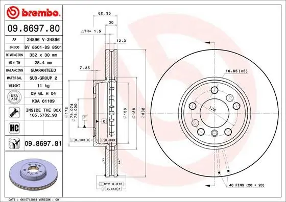 Вентильований гальмівний диск Brembo 09.8697.81 (фото 1)