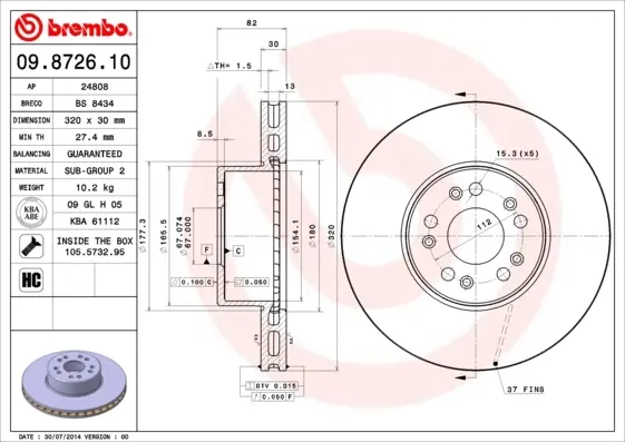 Вентильований гальмівний диск Brembo 09872610 (фото 1)
