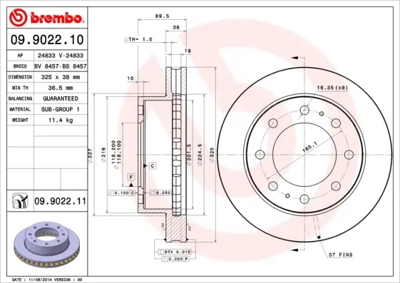 Вентильований гальмівний диск Brembo 09902211 (фото 1)