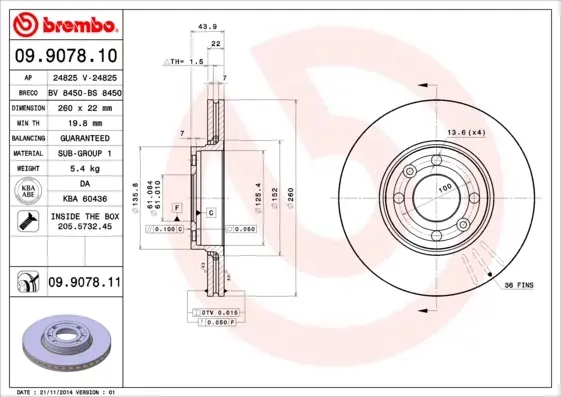 Вентильований гальмівний диск Brembo 09.9078.10 (фото 1)