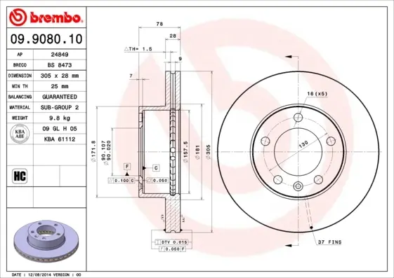 Вентильований гальмівний диск Brembo 09908010 (фото 1)