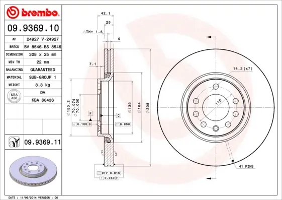 Вентилируемый тормозной диск brembo 09.9369.10