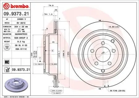 Вентильований гальмівний диск Brembo 09.9373.21