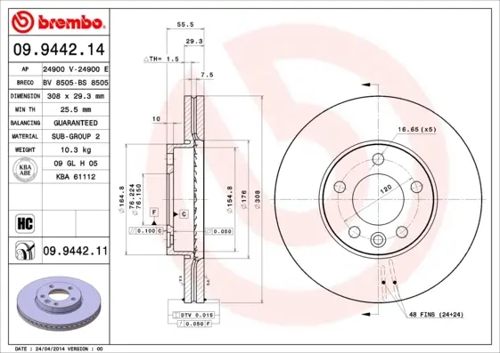 Вентильований гальмівний диск Brembo 09.9442.11 (фото 1)