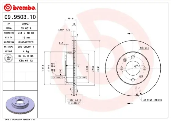 Вентилируемый тормозной диск brembo 09.9503.10