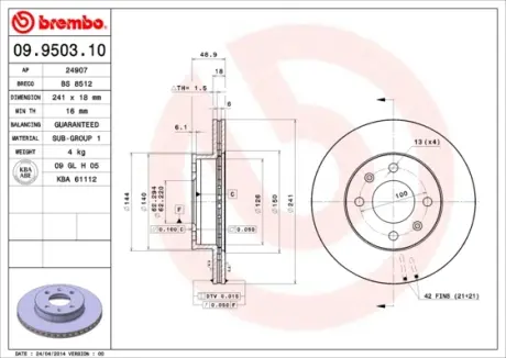 Вентилируемый тормозной диск brembo 09.9503.10