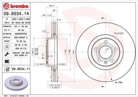 Вентилируемый тормозной диск brembo 09953414