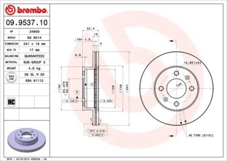 Вентилируемый тормозной диск brembo 09.9537.10