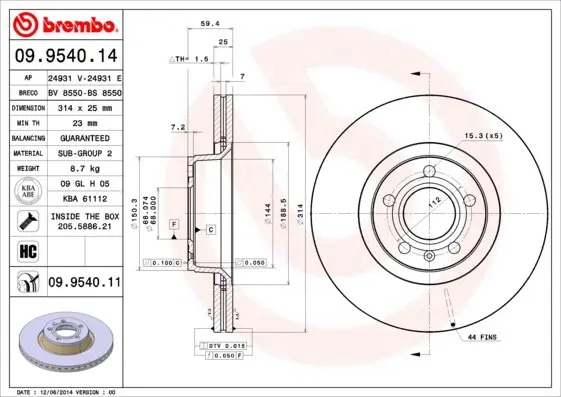 Вентилируемый тормозной диск brembo 09.9540.11