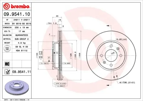 Вентилируемый тормозной диск brembo 09954110
