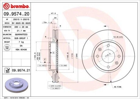 Вентильований гальмівний диск brembo 09.9574.21 на Киа Опирус