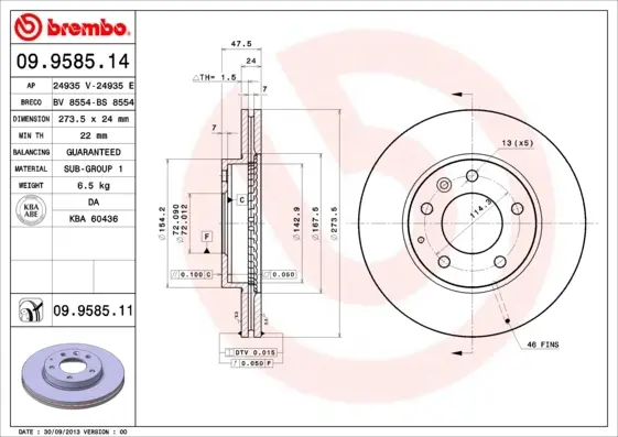 Вентилируемый тормозной диск brembo 09958511