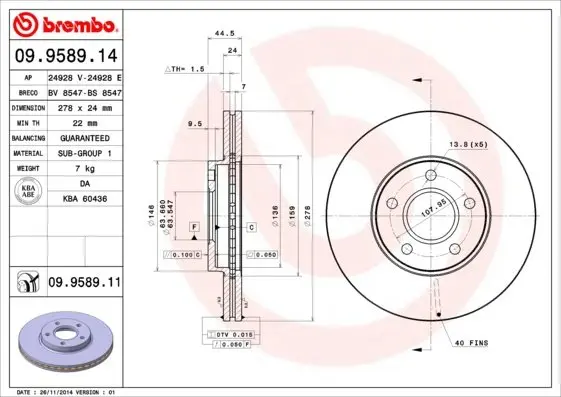 Вентилируемый тормозной диск brembo 09958914