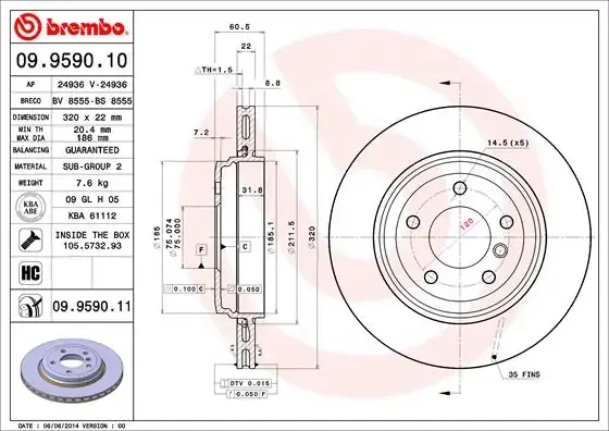 Вентильований гальмівний диск Brembo 09959011 (фото 1)