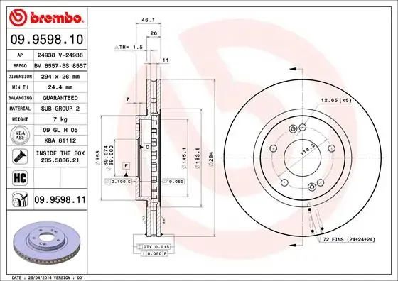 Вентилируемый тормозной диск brembo 09959811