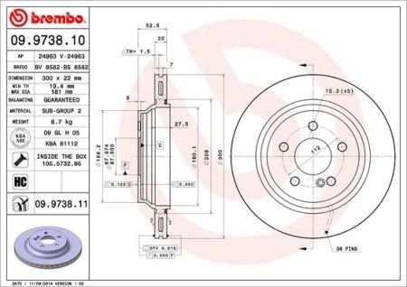 Вентильований гальмівний диск brembo 09.9738.11 на Мерседес S-Class C215