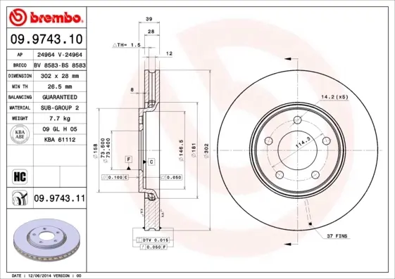 Вентилируемый тормозной диск brembo 09974311