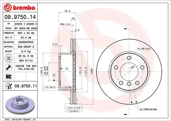 Вентильований гальмівний диск Brembo 09.9750.11 (фото 1)