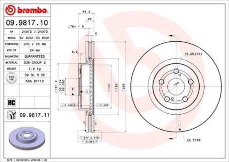 Вентилируемый тормозной диск brembo 09.9817.10 на Тойота Авенсис т25