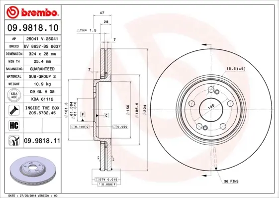 Вентилируемый тормозной диск brembo 09981811