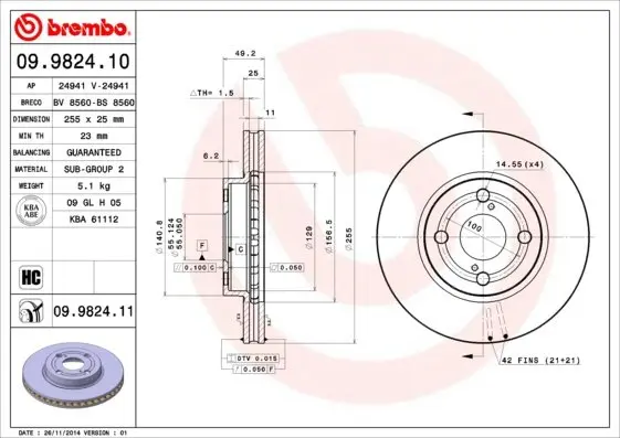 Вентильований гальмівний диск Brembo 09982410 (фото 1)