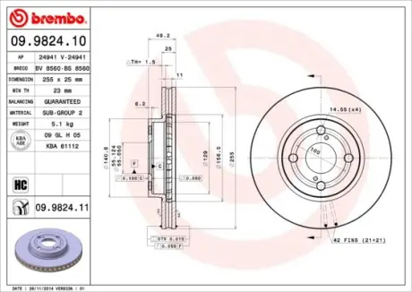 Вентильований гальмівний диск brembo 09982410 Тойота Королла е120